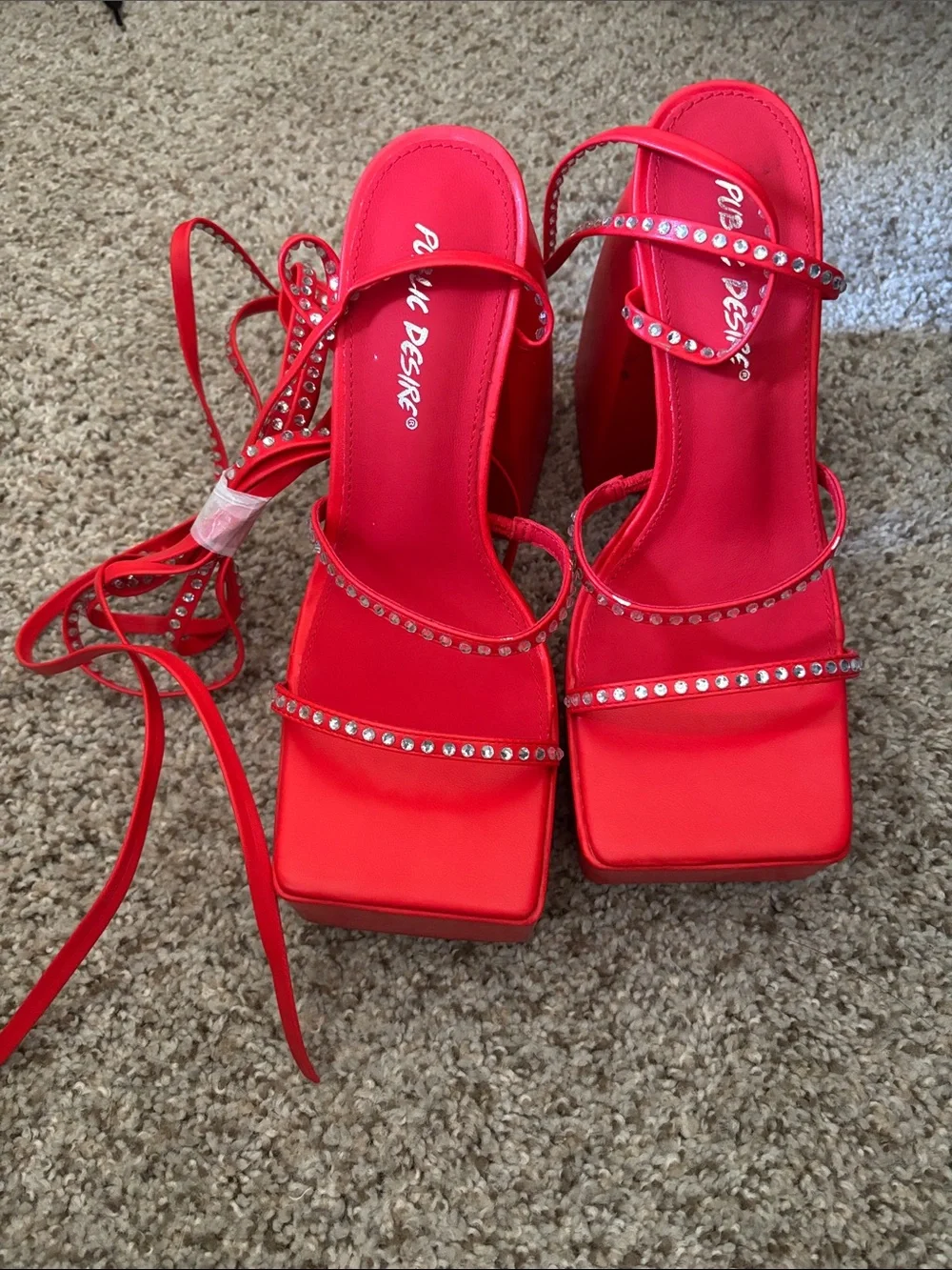 Public Desire Red Rhinestone Chunky Platform Heels